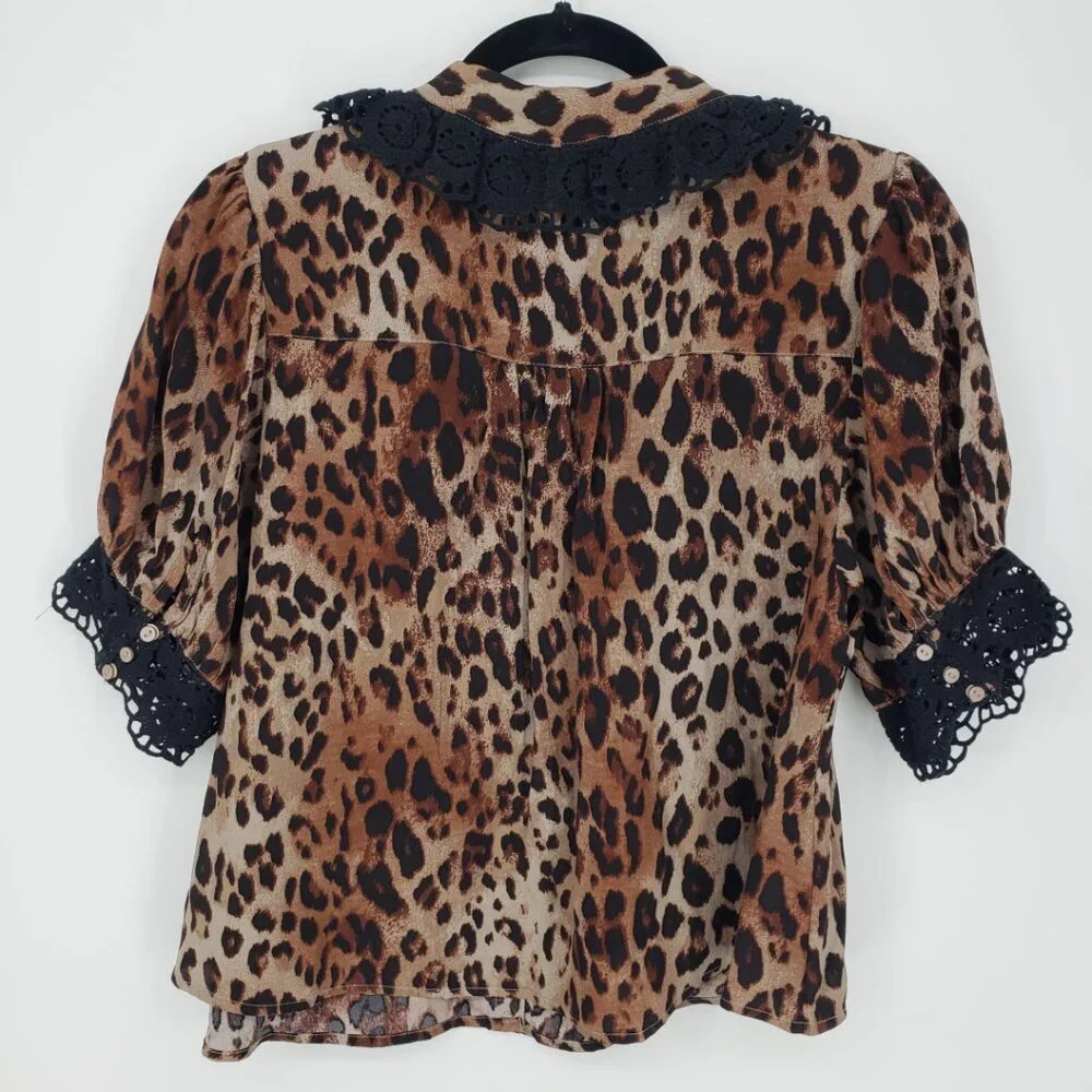 Free People Red Leopard Print Button Front Top with Black Trim